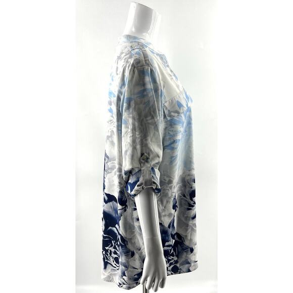 Calvin Klein Top Plus Size 1X Blue White Floral Button Up Roll Tab Sleeve Blouse - Picture 5 of 8